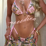Stylish Sequined Metal Decoration Halter Neck Tie Stretch Bikini Swimsuit and Beach Cover-up Mini Skirt Three-piece Set