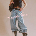 We The Free Denim Mid Rise Pocket Knotted Ankle Hem Lotus Balloon Jeans