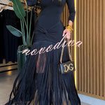 Kyra Shoulder Pads Long Sleeve Twist Design Tassel Hem Stretch Maxi Dress