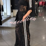 Mix Fashion Lace Striped Trim Short Sleeve Button Shirt and Elastic Waist Pocket Loose Pants Set