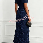 Classic 3D Floral Embroidery Off The Shoulder Short Sleeve Sheath Midi Dress