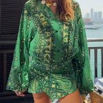 Sulena Linen Blend Ethnic Print Button Up Long Bell Sleeve Warp Tie-up Mini Dress