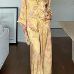 Floral Print Satin Knotted Button Long Sleeve Shirt and Elastic Waist Pocket Wide Leg Pants Set