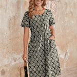 Zeagoo Womens Midi Dress Short Sleeve A-Line Cotton Linen Dress