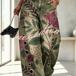 Faux Denim Unique Print Mid Rise Silver Stud Detail  Pocket Barrel Pants