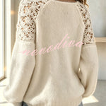 Faux Mink Knit Crochet Flowers Shoulder Wide Neck Long Sleeve Loose Sweater