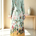 Cecilia Satin Colorful Baroque Style Printed Long Sleeve Feather Trim Maxi Dress