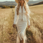 Vintage Western Cowboy Off-White Faux Denim Half-Zip Tassel Long-Sleeved Maxi Dress