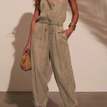 Stylish Collared Sleeveless Elastic Waist Tie Casual Pocket Denim Jumpsuit