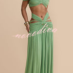 Martina Stretch Mesh Gold Metal Detail Gathered Cutout Waist Vacation Maxi Skirt