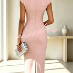 Elegant Solid Color Floral Embellished Pleated Waist Short Sleeve Midi Dress