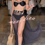Colored Stones Detail Straps Elastic Bikini and Tulle Lace-up Waist Cover-up Maxi Skirt Three-piece Set