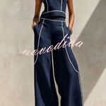 Elysia Contrast-Stitch Linen Two-Piece Set