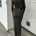 Bodycon Long Sleeves Solid Color Split-Joint Round-Neck Maxi Dresses