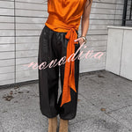 L'Aura Padded-Shoulder Wrap-Around Satin Top