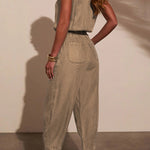 Stylish Collared Sleeveless Elastic Waist Tie Casual Pocket Denim Jumpsuit