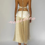 Stylish Halter Neck Lace Up Tassel Pendant Backless Top