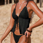 Solid Color Lace Backless Tie Two-piece Stretch Bikini Swimsuit
