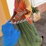 Genovah Colorful Tile Print Patchwork V-neck Balloon Sleeve Maxi Dress