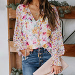 Zeagoo Long Sleeve Boho Drawstring Floral Print V Neck Shirt Buttoned Blouse Casual Tunic Tops