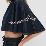 Next Vacation Denim Mock Neck Short Flutter Sleeves Crop Top