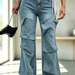 Chic Style Denim Decorative Button-stud Detail High Rise Pocket Loose Jeans