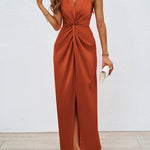 Loose Sleeveless Pleated Split-Front Split-Joint V-Neck Maxi Dresses