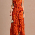 Dream Ode Lily Pad Style Pleats and Ruffles Halter Gown Maxi Dress