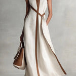 Linen Blend Color-blocked Edging V-neck Sleeveless Loose Maxi Dress