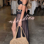 Colored Stones Detail Straps Elastic Bikini and Tulle Lace-up Waist Cover-up Maxi Skirt Three-piece Set