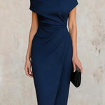 Solid Color Short-sleeved Fitted Waist Pleated Elegant Midi Dress