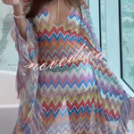 Casie Knit Colorful Zigzag Pattern Fringe Trim Cover-up Vacation Maxi Dress