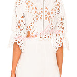 Fiji Embroidered Cutout Scallop Pattern High Neck Half Puff Sleeve Crop Top