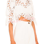 Fiji Embroidered Cutout Scallop Pattern High Neck Half Puff Sleeve Crop Top