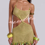 Fashionable Openwork Knit Halter Neck Tie Slim Fit Cover-up Mini Dress