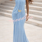 Touch of Drama Mesh Butterfly Metal Clips One Shoulder Backless Maxi Dress