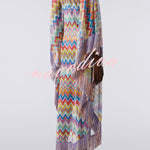 Casie Knit Colorful Zigzag Pattern Fringe Trim Cover-up Vacation Maxi Dress