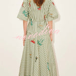 Linen Blend Striped Print Collared Short-sleeved Fitted Waist Belted Casual Maxi Dress