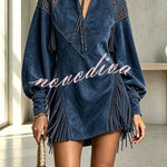Suede Embroidered Print Tassel Stand Neck Long Sleeve Pocket Mini Dress