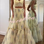 Vita Floral Satin Bow Lace Back Lace-up Crop Tank and Tulle High Rise A-line Maxi Skirt Set