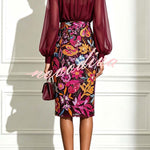 Analie Chiffon High Neck Lantern Sleeve Floral Sequined Hem Sheath Midi Dress