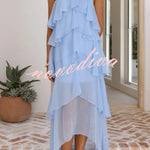 Solid Color Chiffon Halter Neck Elegant Ruffle Maxi Dress