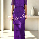 Elowyn Mesh Tiered Tassel Patchwork Round Neck Cape Sleeve Midi Dress