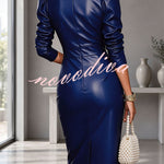 Faux PU Leather V-Neck Long Sleeve Stretch Pencil Midi Dress