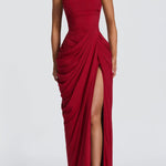 Cyra Back Lace-up Asymmetrical Pleats Strapless Slit Maxi Dress