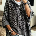 Comfortable and Casual Knit Leopard Print Half Sleeve Hoodie Sweater