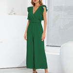 Zeagoo Women's Casual Loose Jumpsuit V Neck Sleeveless Solid Ruffle Pleated Wide-leg Long Playsuit with Belt