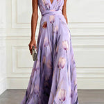 Tulip Print V-Neck Sleeveless Elegant Waist-Defining Maxi Dress