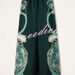 Aurie Satin Unique Artistic Print Tassel Trim Scarf Top and Elastic Waist Pocket Loose Pants Set