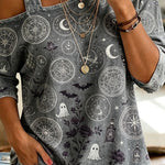 Cozy Fall Vibes Black Cat Print Off-Shoulder Halloween Top